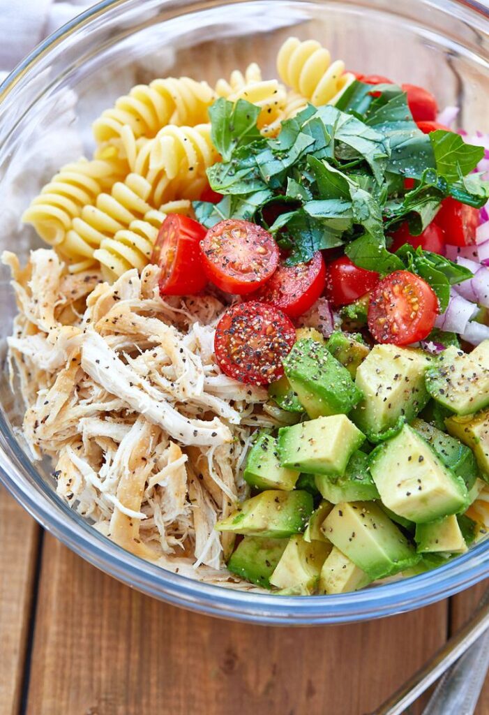 Healthy Chicken Pasta Salad with Avocado, Tomato, and Basil _